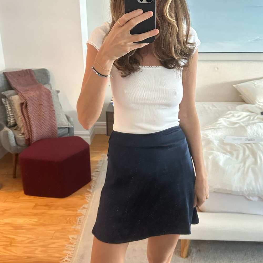 Navy silk Reformation skirt
